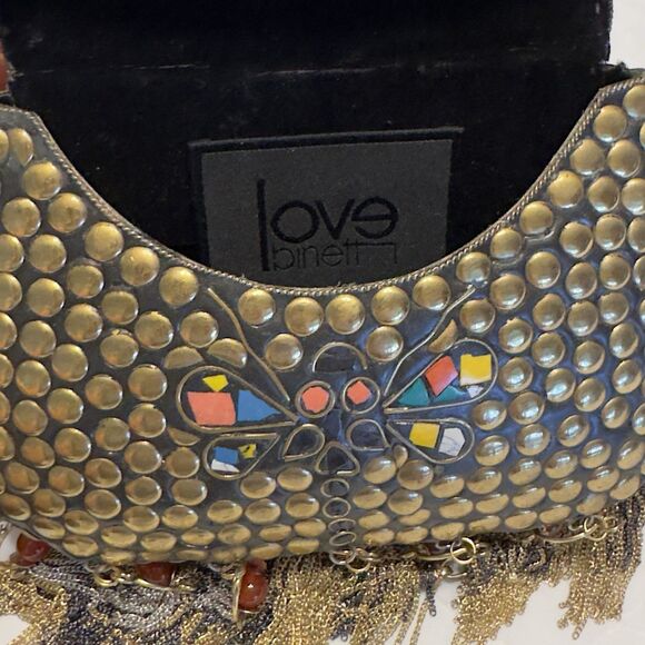 Love Binetti Diego Metal Brass Stud Clutch Bag Mini Purse Butterfly Coral Tassel - Picture 10 of 16
